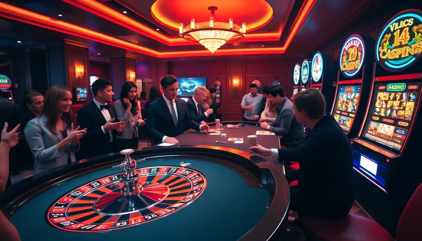 Des joueurs engagés à une table de roulette dans un cadre vibrant de casino en ligne, montrant excitation et action de mise.