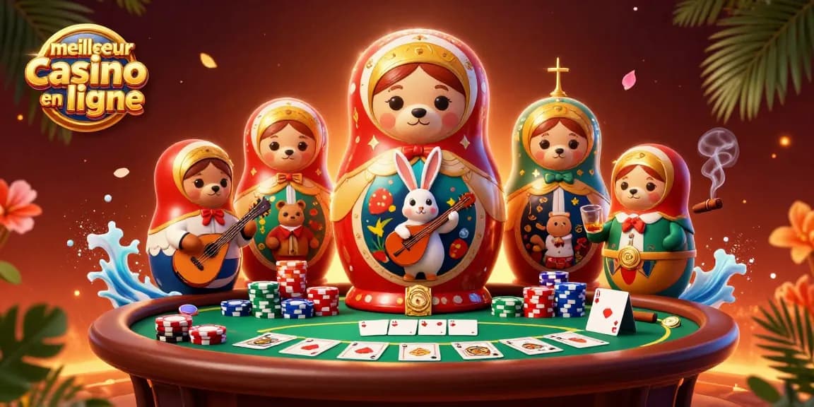 Plongez dans le meilleur casino en ligne avec un ours Matryoshka et des éléments de jeu colorés.