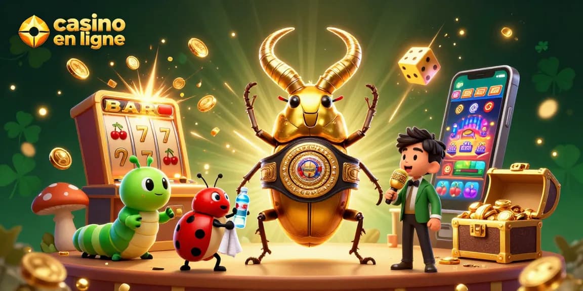 Scénario captivant de casino en ligne avec un scarabée géant et des éléments de jeu animés.