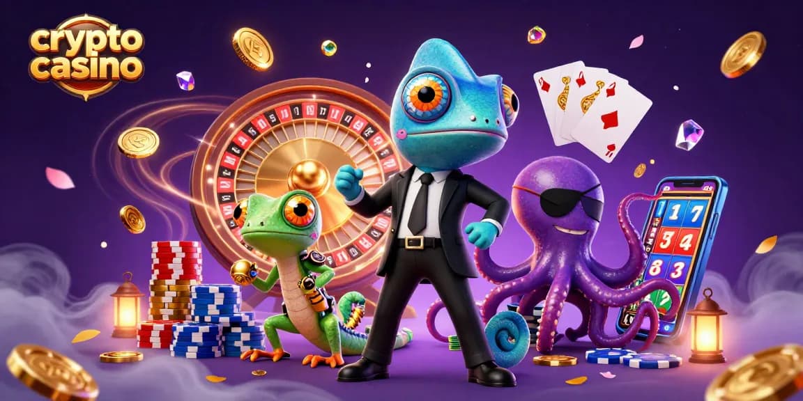 Casino crypto captivant avec un caméléon agent secret et un gecko, entourés de jetons et de pièces d'or.