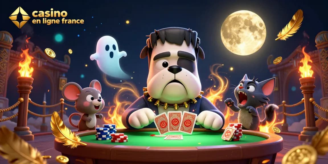 Le bulldog Frankenstein et son ami chaton s'amusent à une table de casino en ligne France avec des jetons éparpillés.