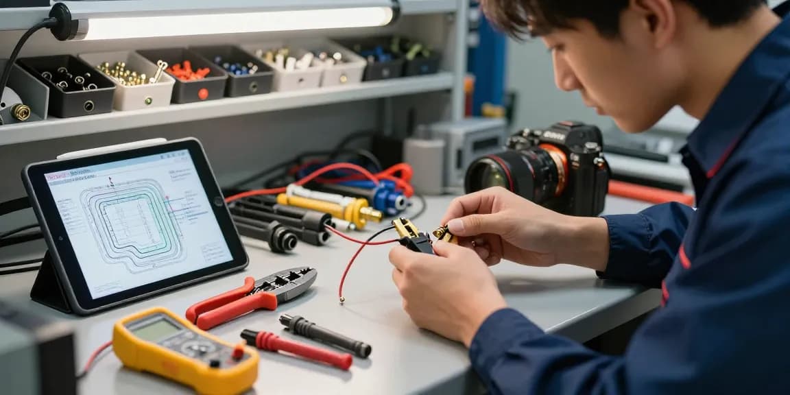 Automotive electrical connectors being inspected by a technician amidst tools and a wiring schematic.
