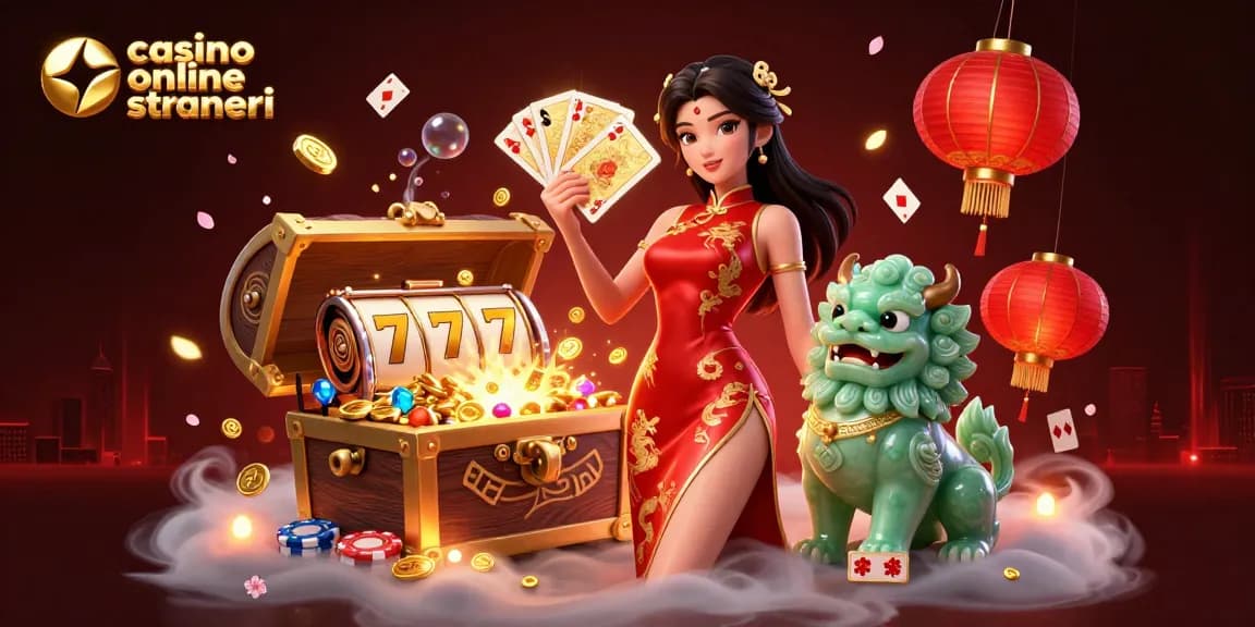 Scena coinvolgente di un casino online stranieri con una donna in un qipao e un leone di giada, caratterizzato da rulli di slot e monete d'oro.