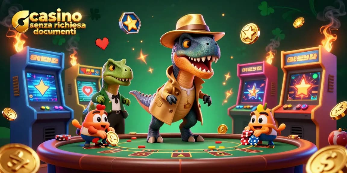 Giocare in un casino senza richiesta documenti con personaggi animati e macchine da gioco colorate.