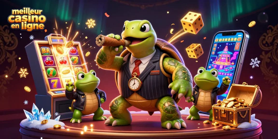Profitez de l'expérience d'un meilleur casino en ligne avec cette scène animée de tortue et grenouilles en action.
