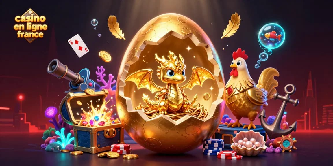 Plongez dans l'univers du casino en ligne France avec un dragon doré entouré de jetons de poker et d'éléments sous-marins.