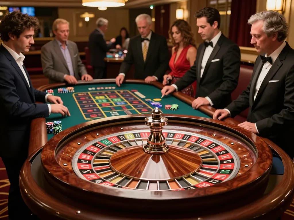 Players strategizing at a roulette table, showcasing MM88 gaming excitement in a luxurious casino atmosphere