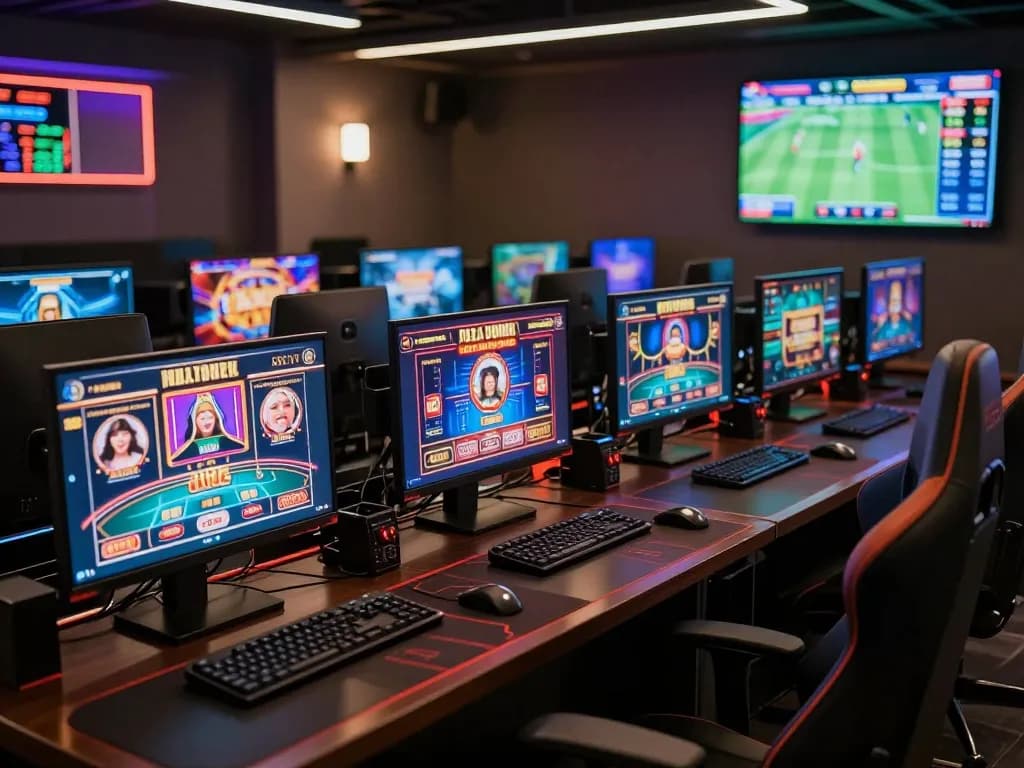 Engaged player at 8kbetbh gaming setup, showcasing excitement and strategic play in a vibrant casino atmosphere.