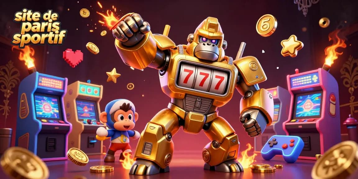 Visuel captivant d'un site de paris sportif avec un personnage de gorille mech en or et des machines de jeux colorées.