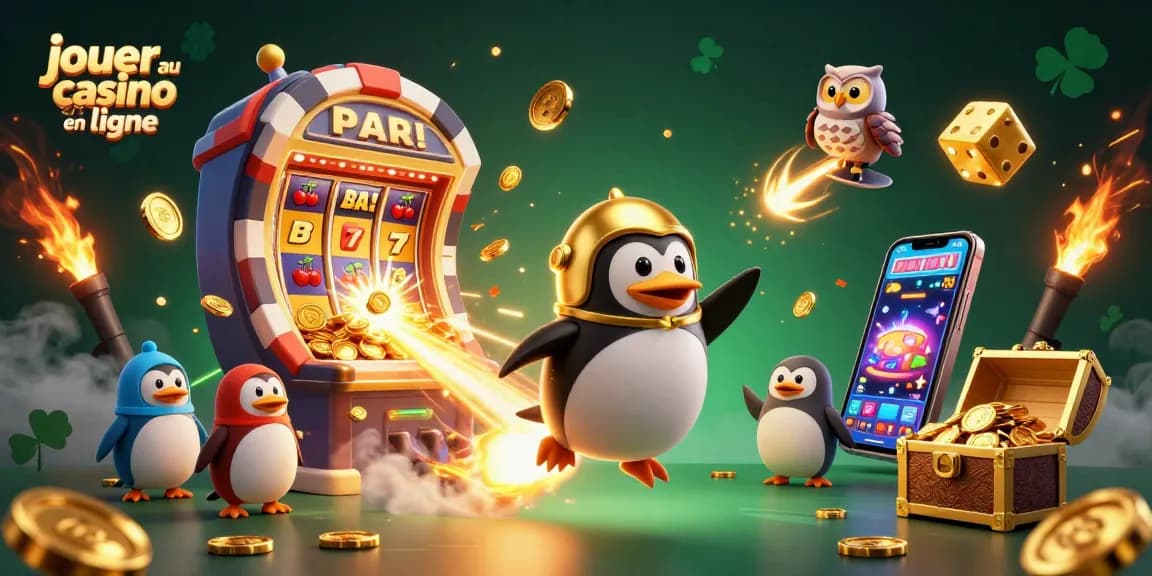 Jouer au casino en ligne avec une illustration dynamique de jeux de casino et un manchot doré.