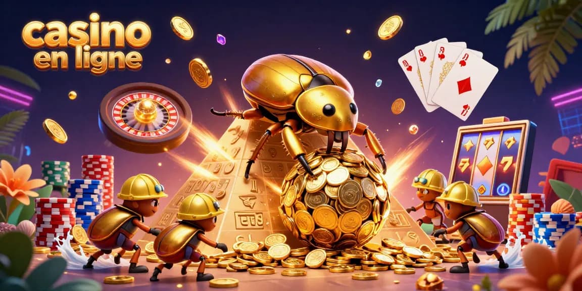 Jouez à casino en ligne avec une illustration de coccinelles dorées et des pièces en or.