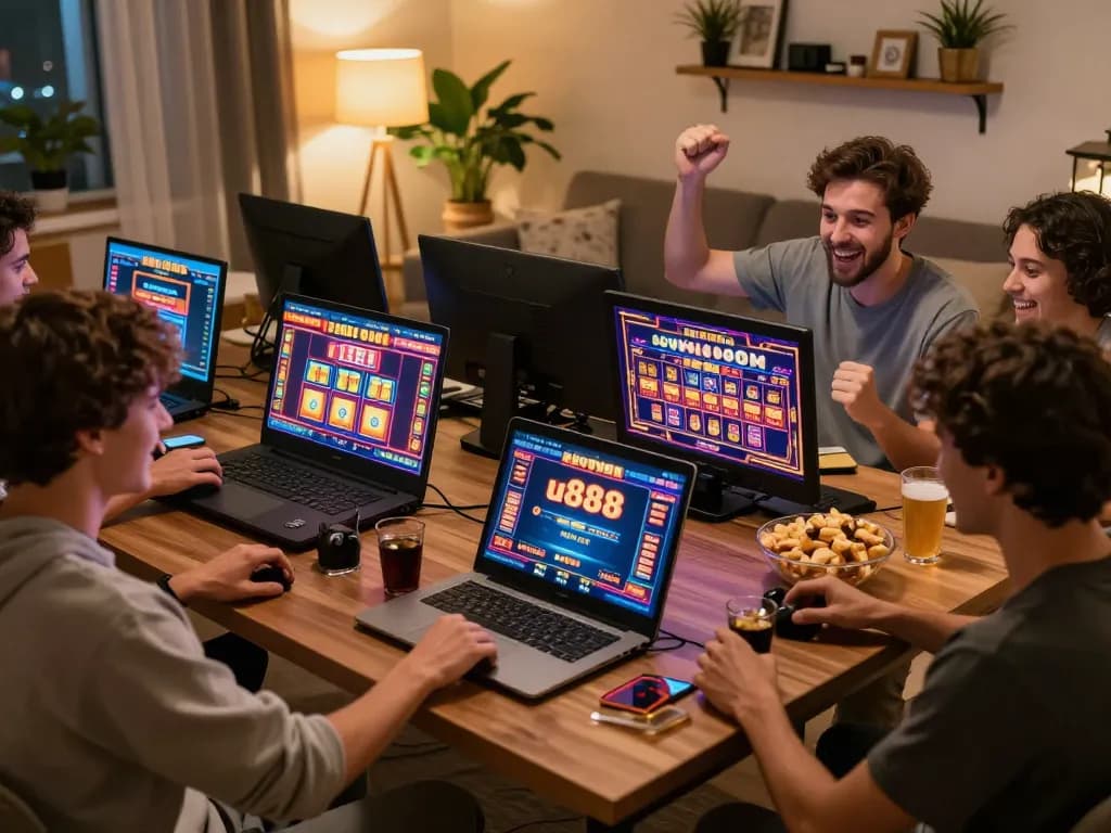 Friends celebrate a win while playing u888 online casino games from home, showcasing an inviting atmosphere.