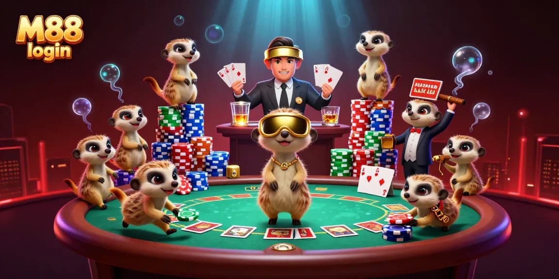 Experience thrilling moments with M88 login at our vibrant cartoon casino featuring meerkats.