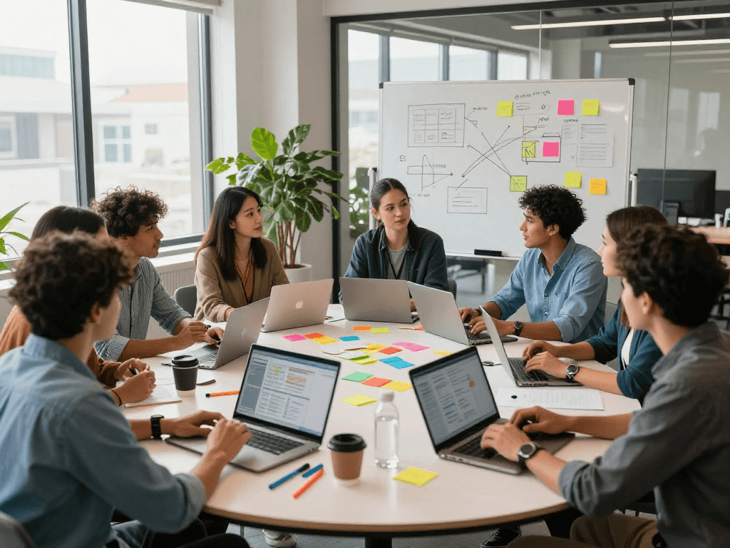 Effective collaboration at https://neam.org.uk's modern office, showcasing diverse professionals brainstorming.