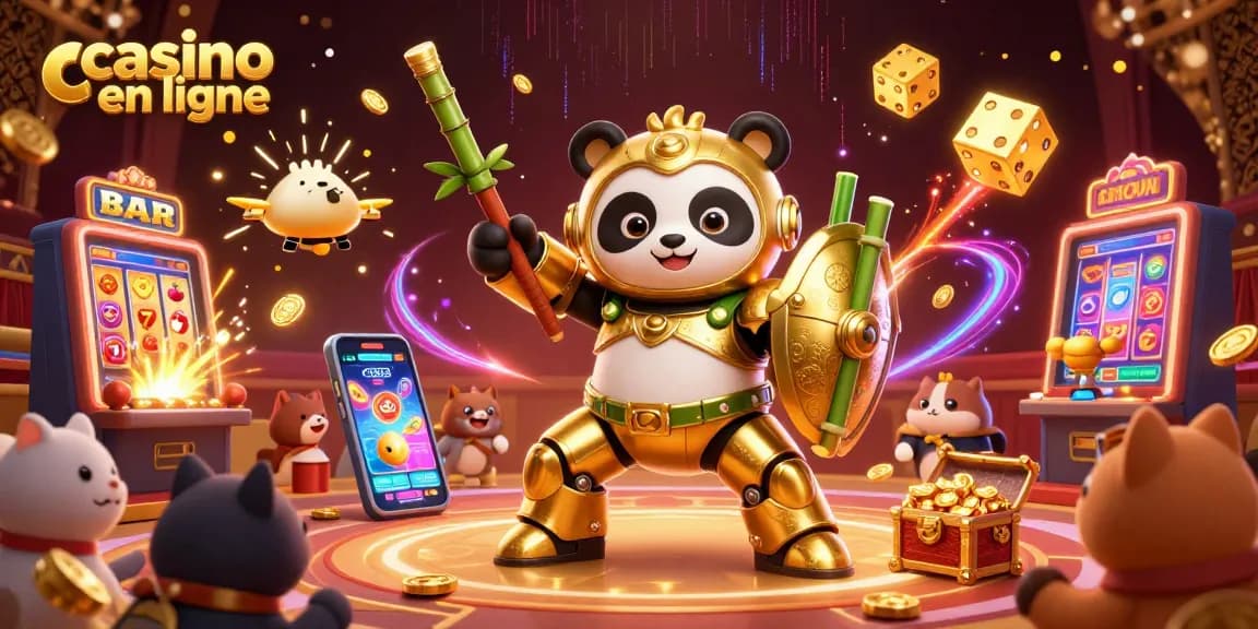 Vivez l'excitation du casino en ligne avec un panda doré sur un robot dans une scène vibrante de jackpot.