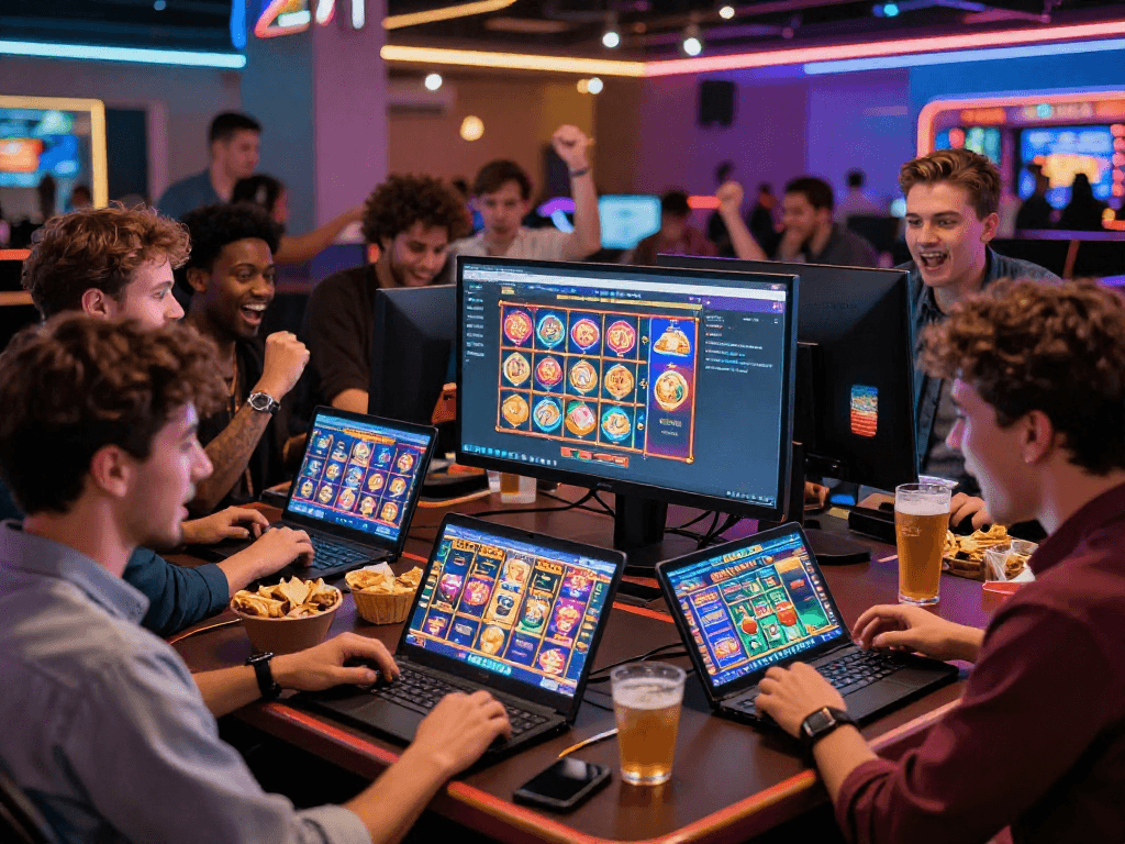 Exciting scene of friends enjoying eu casinos online with vibrant games and social interaction.