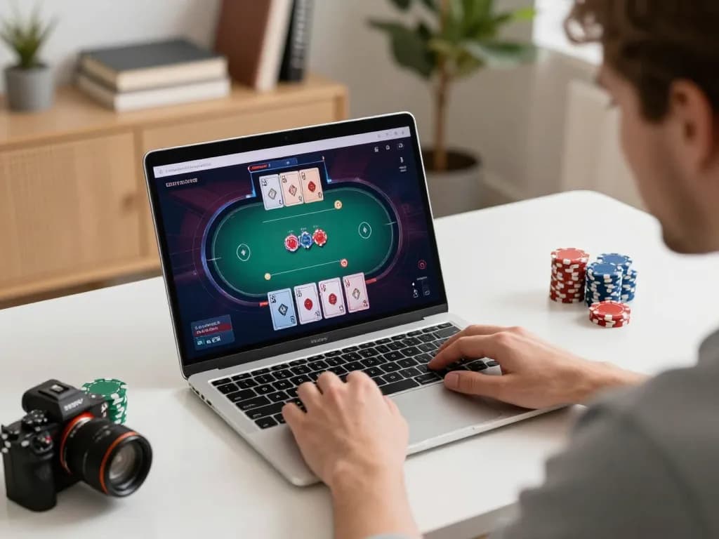 Pemain yang terlibat merencanakan strategi permainan poker melalui laptop, mengintegrasikan oracle apps hub untuk peluang yang lebih baik