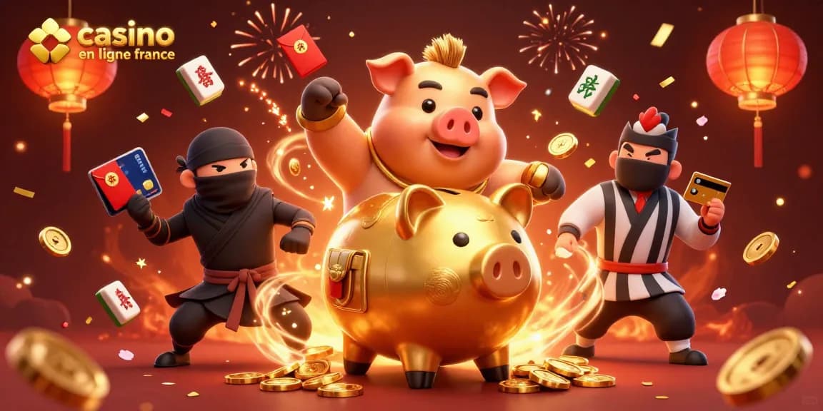 Scène animée en 3D illustrant un sumo banquier d'or dans un casino en ligne France avec des éléments festifs.