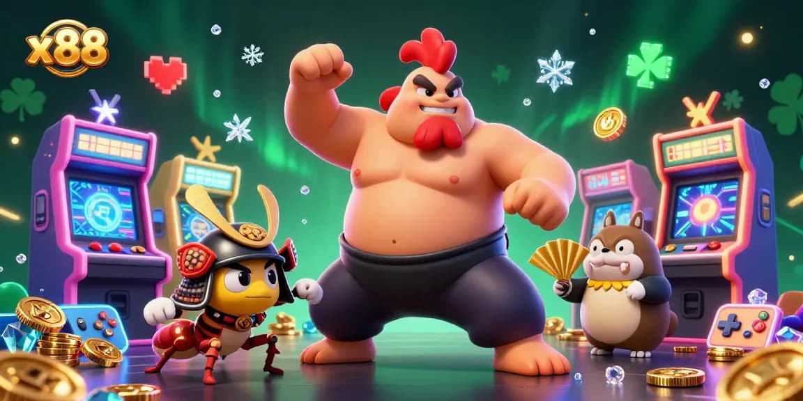 x88 offers thrilling gameplay with a dynamic sumo wrestler and a fierce cricket in a vibrant casino setting.
