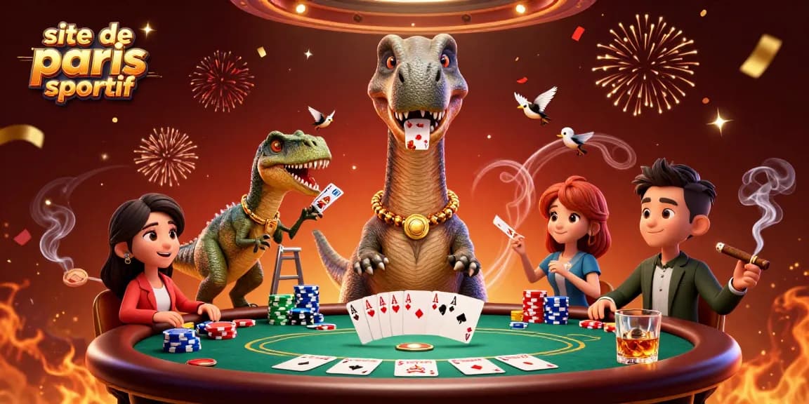 Découvrez le site de paris sportif avec un brontosaure cartoon géant et des jeux de poker colorés.