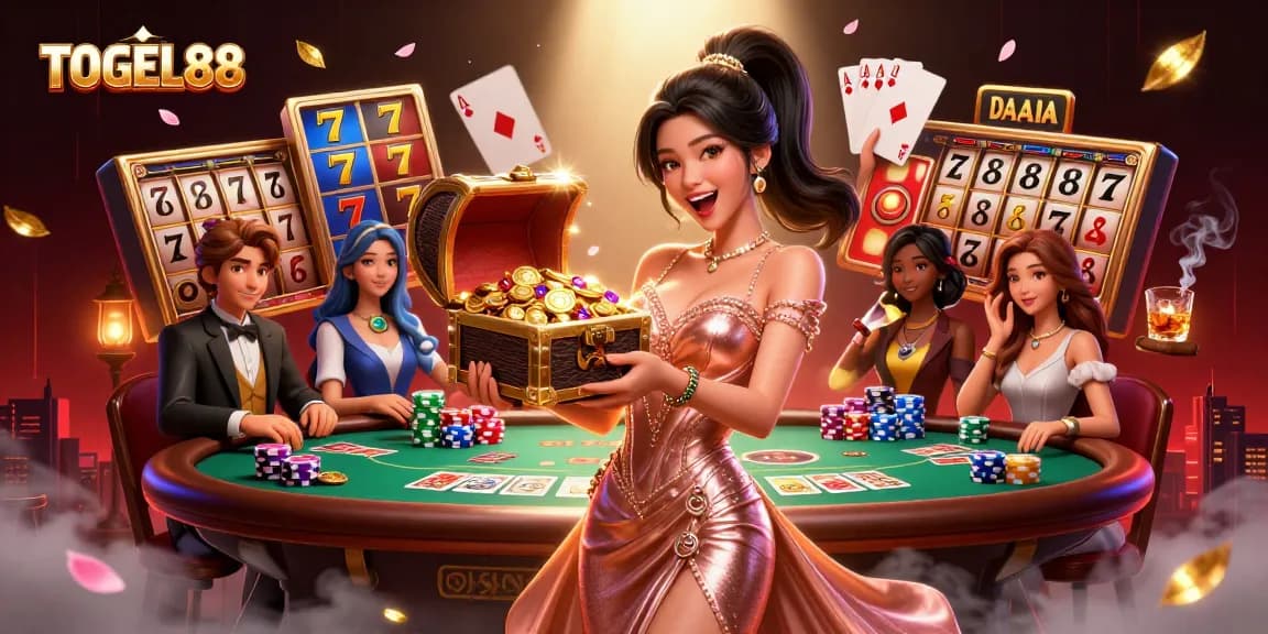 Engage with TOGEL88's treasures as a stunning Asian woman showcases a chest overflowing with riches.