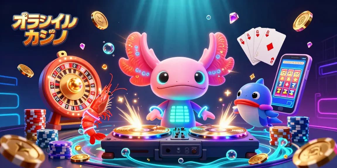 オンラインカジノのために、ダンスするエビとビートボクシングをするフグとともに、DJアクソロトルがターンテーブルでプレイするシーン。