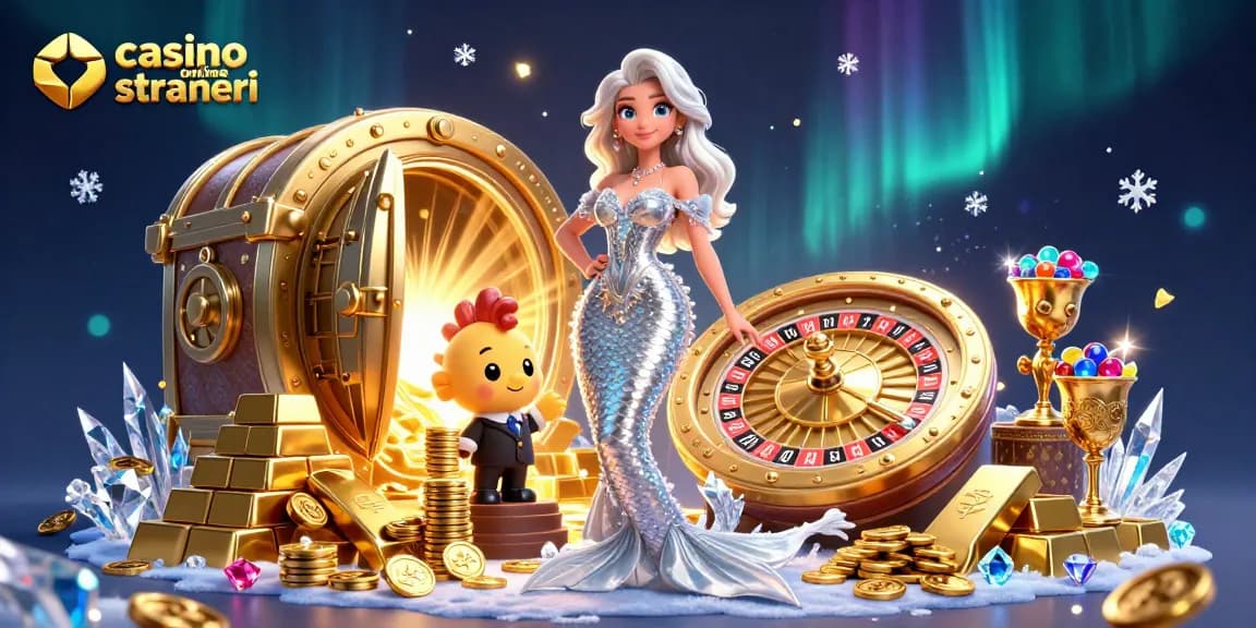 Vivi l'emozione dei casino online stranieri con una sirena scintillante, una ruota della roulette e gemme.