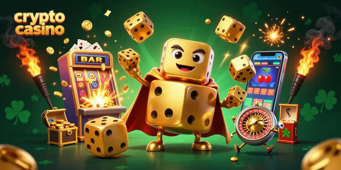 Plongez dans le monde des crypto casinos avec des dés dorés géants et une machine à sous remplie de pièces.