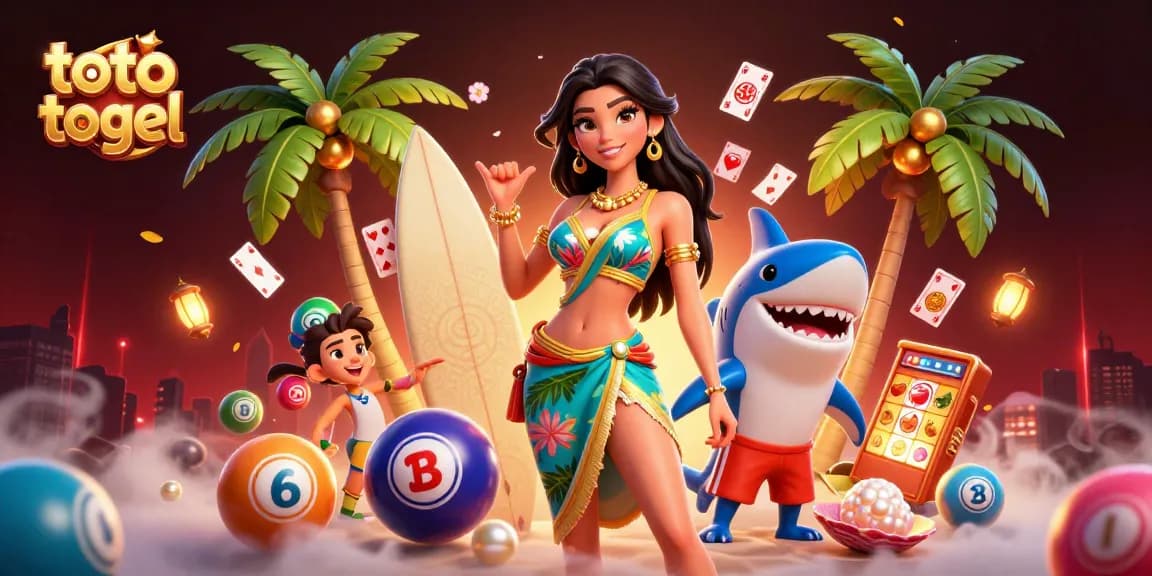 Ikuti toto togel yang mendebarkan dengan ilustrasi menawan yang menampilkan seorang wanita dan hiu selancar, dikelilingi oleh elemen permainan.