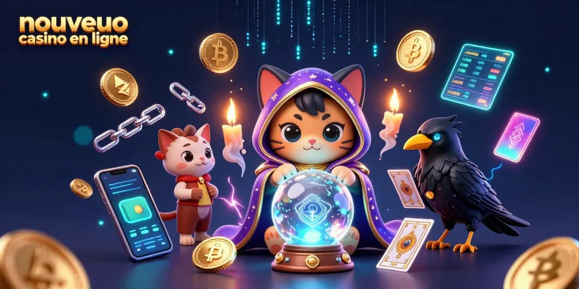 Illustration d'un nouveau casino en ligne avec un chat mystique et des éléments de crypto-monnaies.
