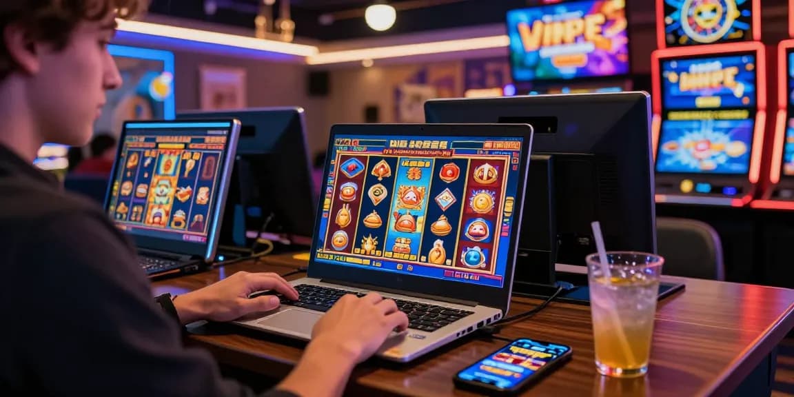 Player experiencing excitement with slot deposit 5k game on a laptop in vibrant online casino environment.
