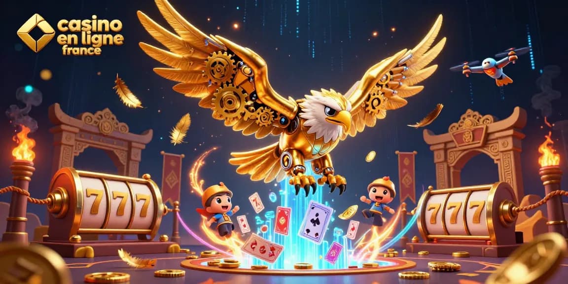 Plongez dans l'univers du casino en ligne France avec un aigle cybernétique vibrant parmi des cartes holographiques.