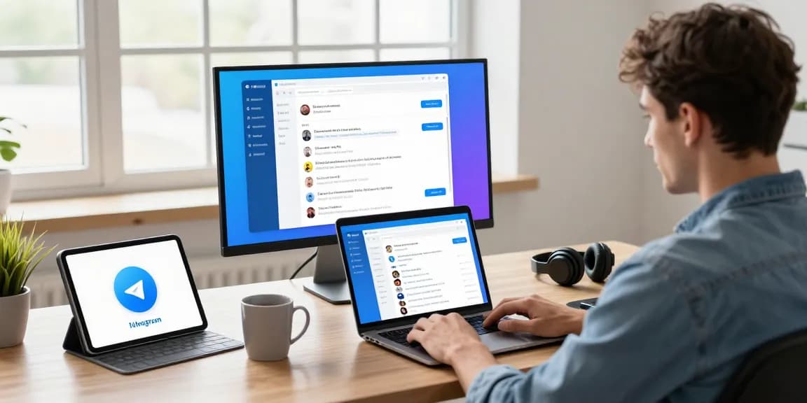 Explore the features of 纸飞机中文版 in a modern workspace showcasing Telegram's chat functionality and collaboration tools.
