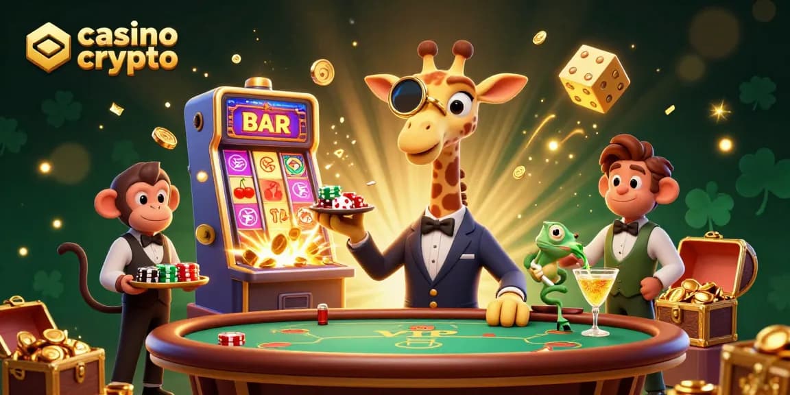 Gioca ai casino crypto con divertenti giraffe e scimmie in un'illustrazione vivace.