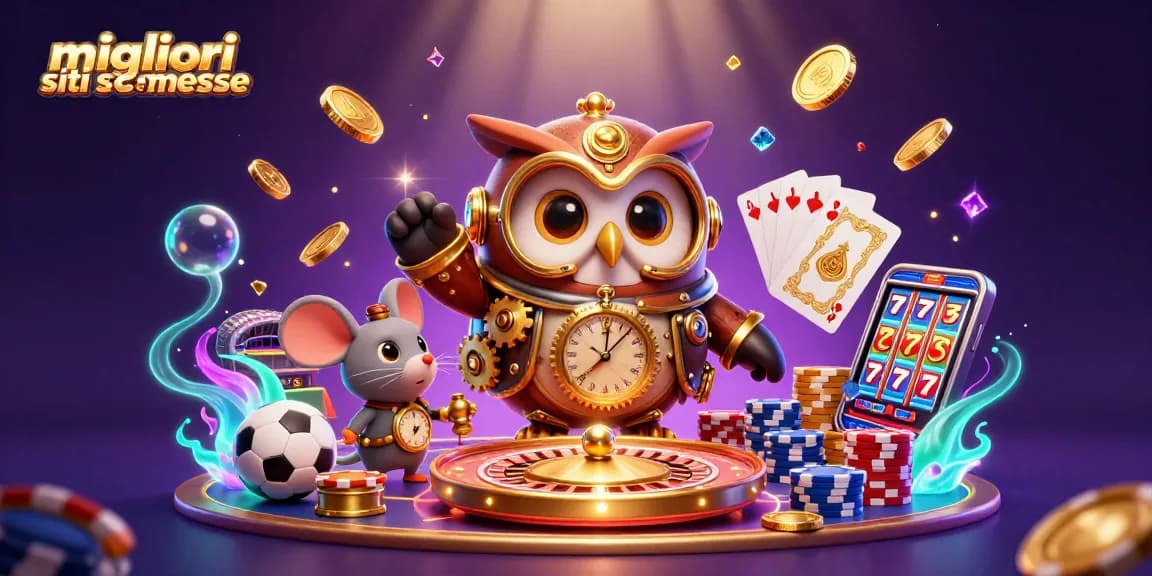 Scopri i migliori siti scommesse mentre il gufo viaggiatore incontra il mouse in un'atmosfera da casinò unica.