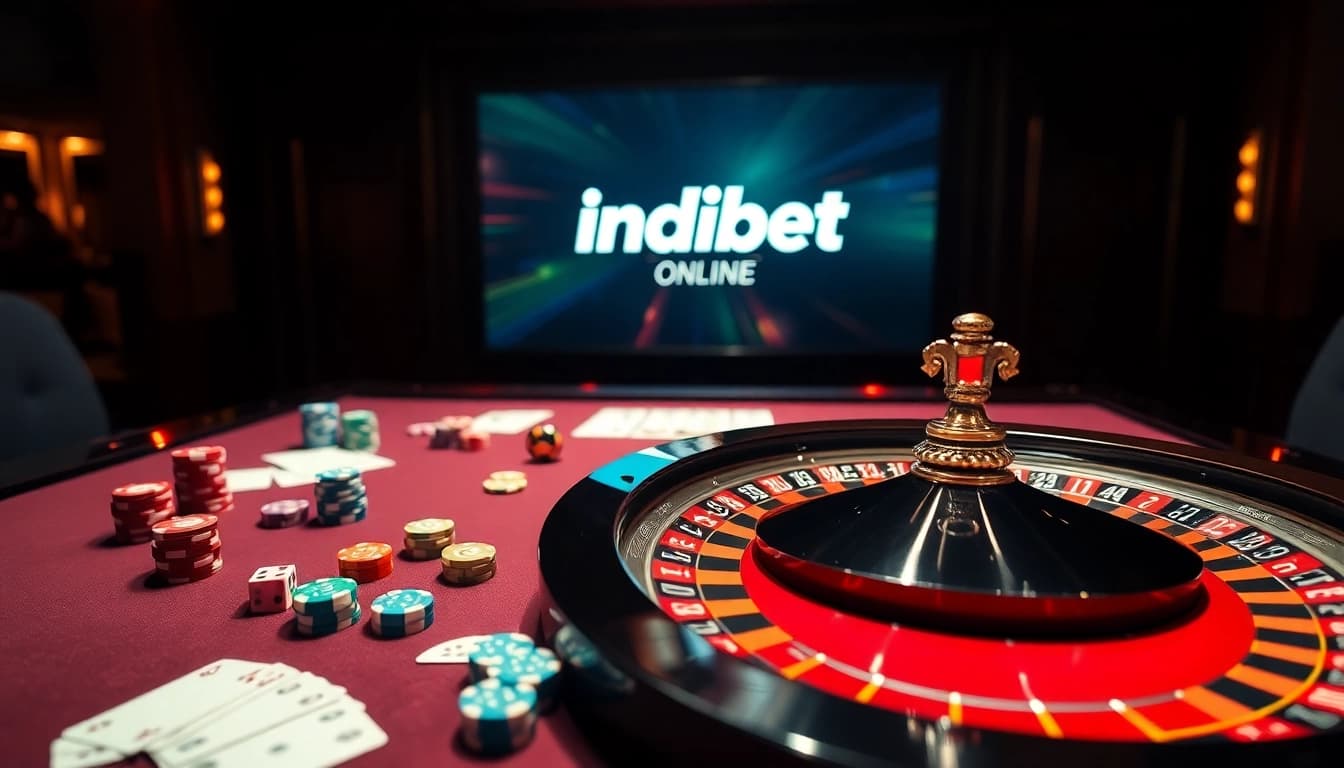 Experience the excitement of Indibet online with vibrant casino tables, poker chips, and a roulette wheel.