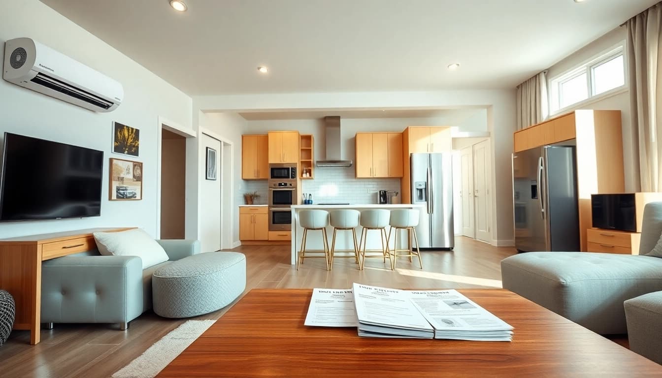 Visual representation of home systems and appliance protection showcasing modern appliances in a cozy living room.