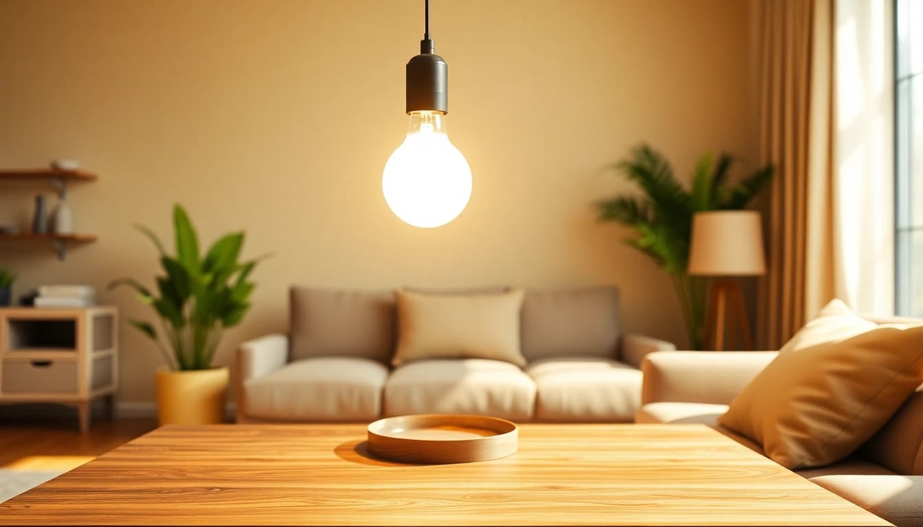 Illuminated a19 led bulb creating a warm atmosphere in a stylish living room setting