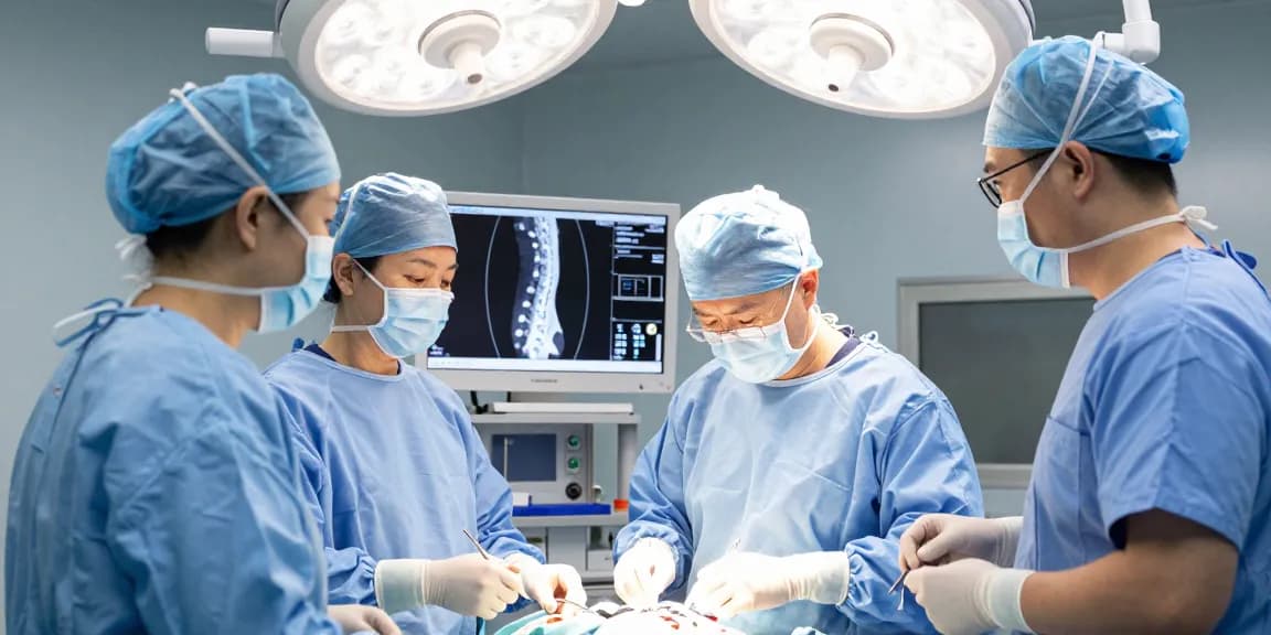 Bel kayması ameliyatı in a sterile operating room showcasing a surgical team at work.
