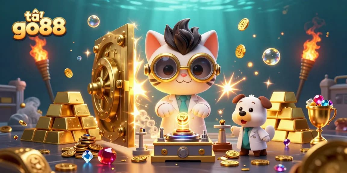 Engage in adventure and riches with tải go88, featuring a mad scientist cat and a loyal dog in a vibrant casino scene.