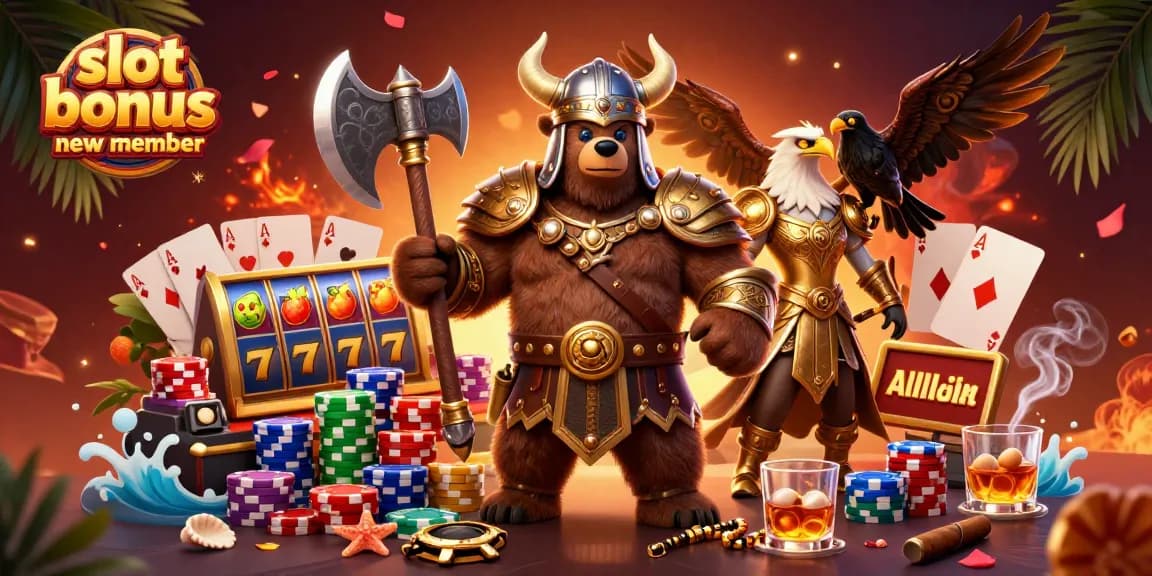 Experience the thrilling slot bonus new member with a Viking bear and Valkyrie eagle in this vibrant casino scene.