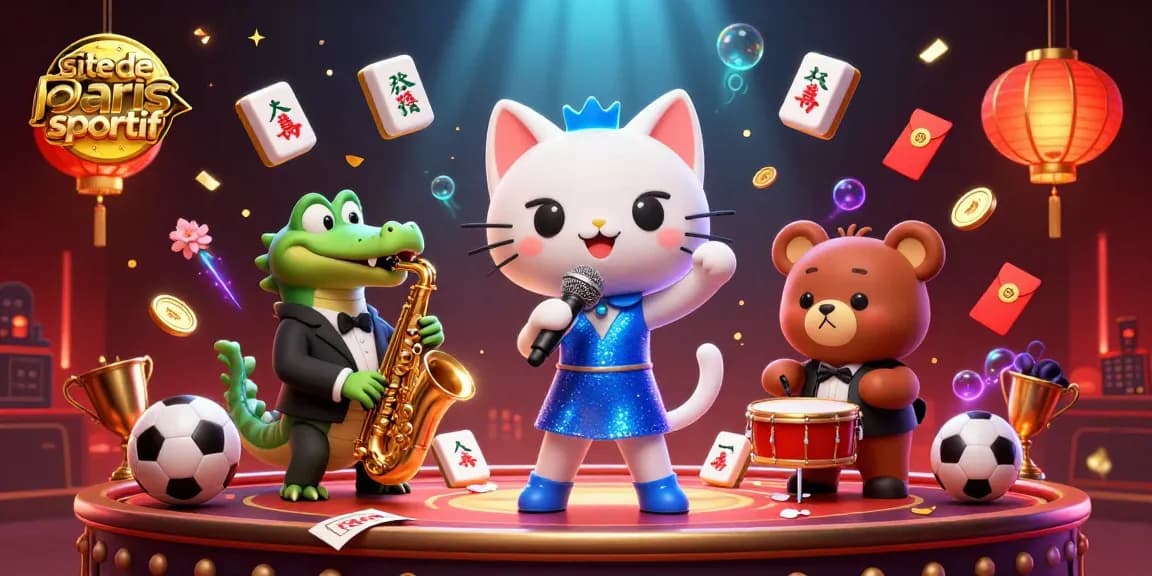 Plongez dans l'univers vibrant du site de paris sportif avec des personnages animés formidables sur scène, entourés d'éléments de jeu captivants.