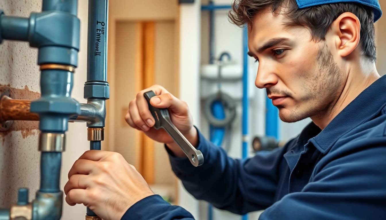 Plumbing apprenticeship in action with a dedicated apprentice adjusting pipes and wrenches.