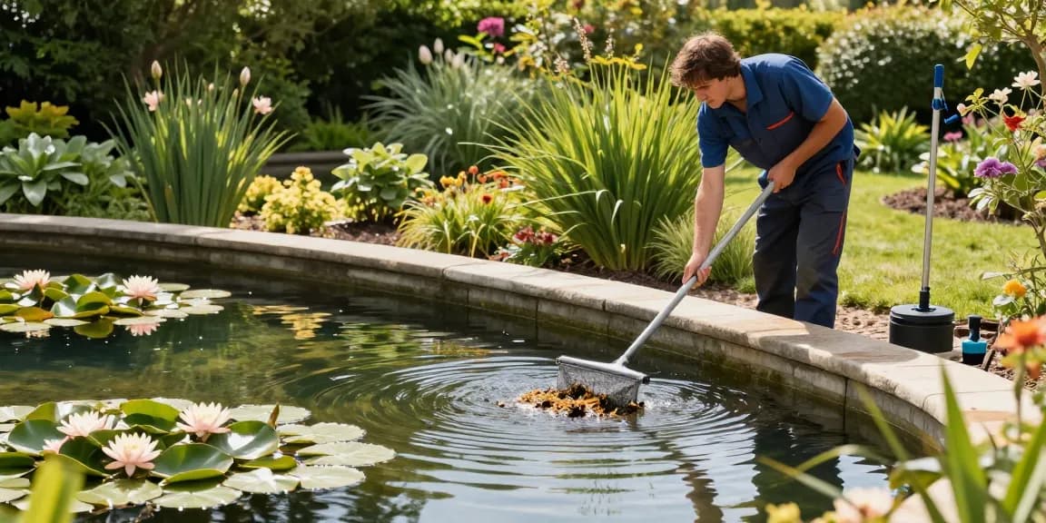 Pond Cleaning Sussex expert removing debris from a serene garden pond.