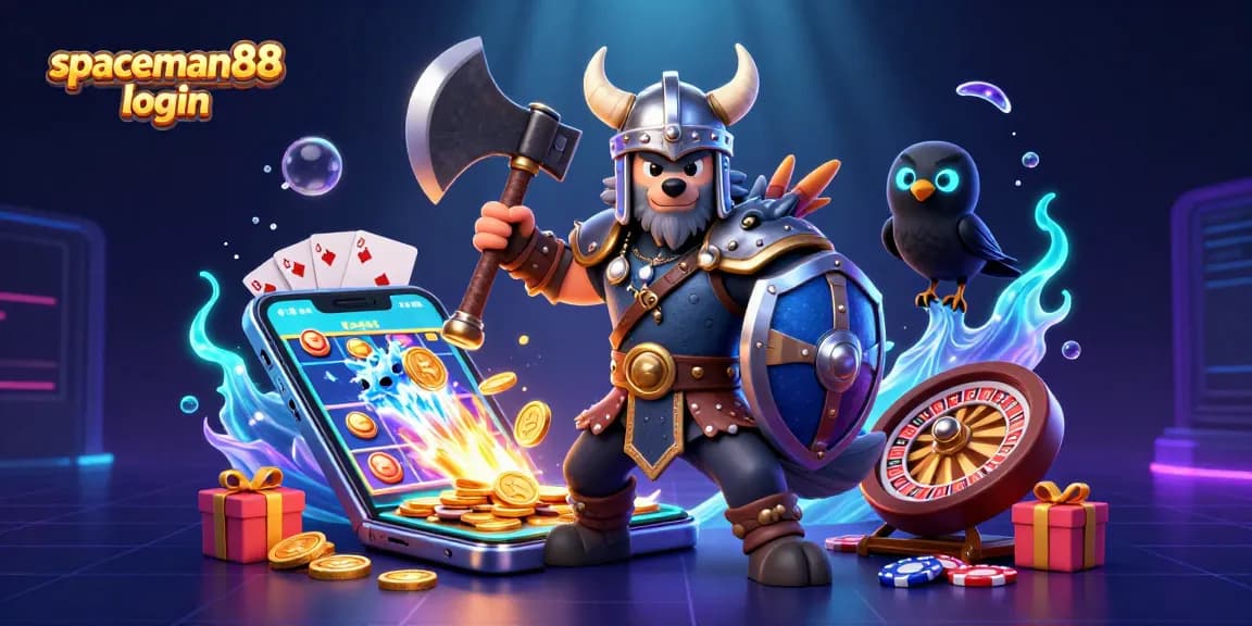 Engaging illustration of spaceman88 login with a Viking wolf, dragon, and gaming elements like a smartphone, slot game, and poker chips.
