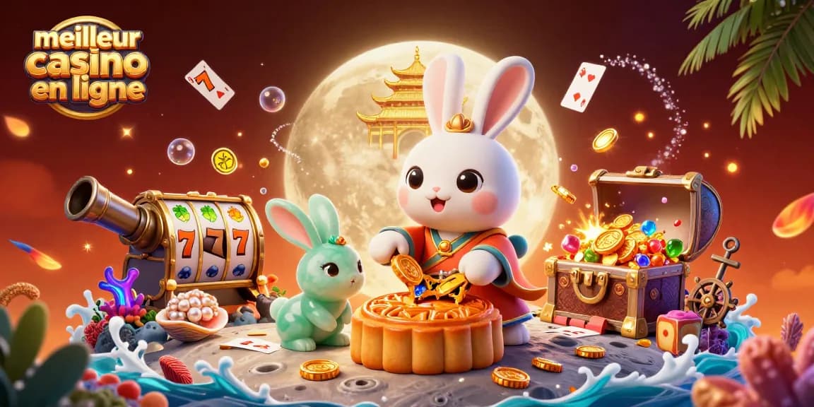 Jouer au meilleur casino en ligne avec un lapin de lune traditionnel chinois entouré de jackpots et de trésors sous-marins.
