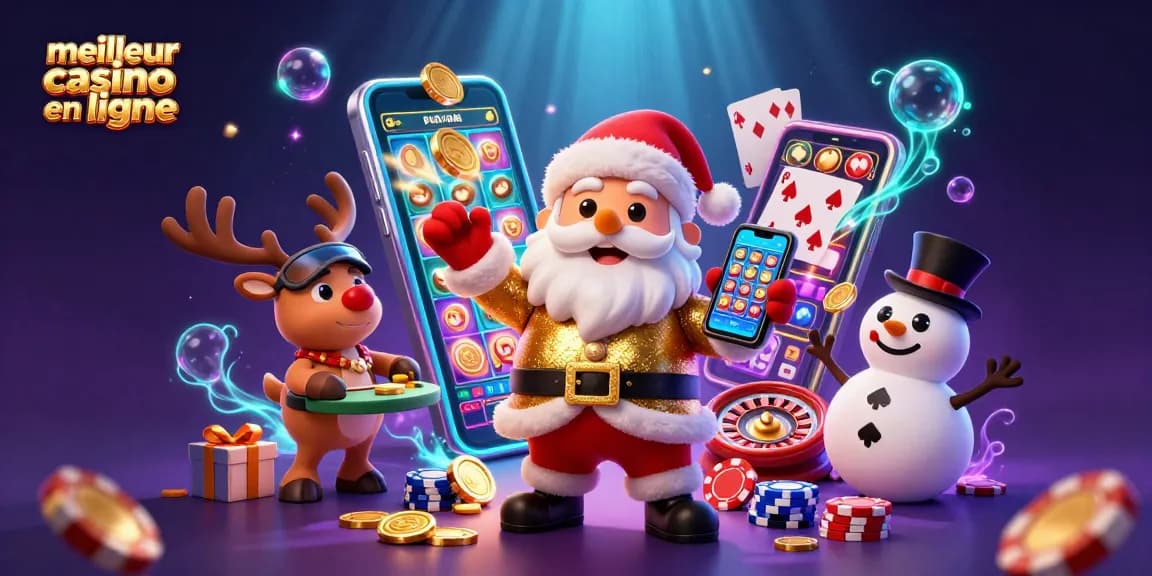 Jeux captivants au meilleur casino en ligne avec Santa, un renne et un bonhomme de neige.