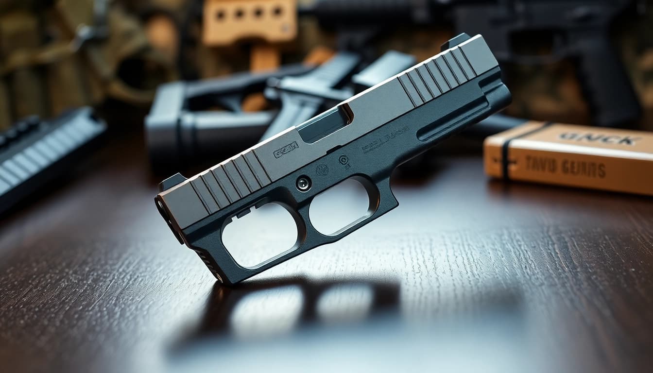 Showcase of a Glock 17 Gen 3 MOS OEM Slide on a dark table, emphasizing its features and metallic finish.
