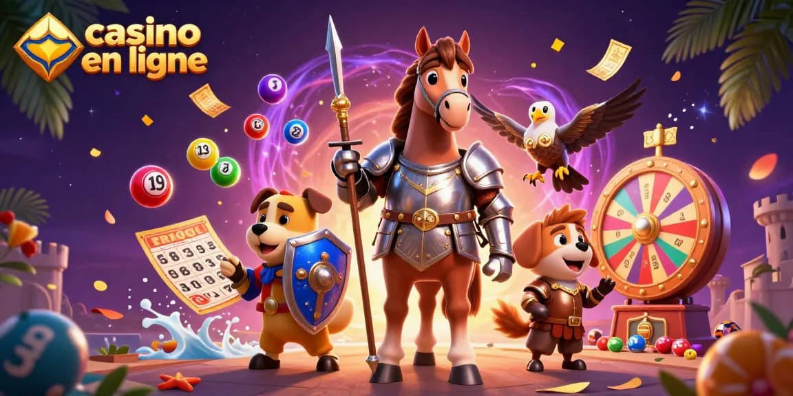 Casino en ligne vibrant avec un chevalier et un chiot, entourés de boules de loterie