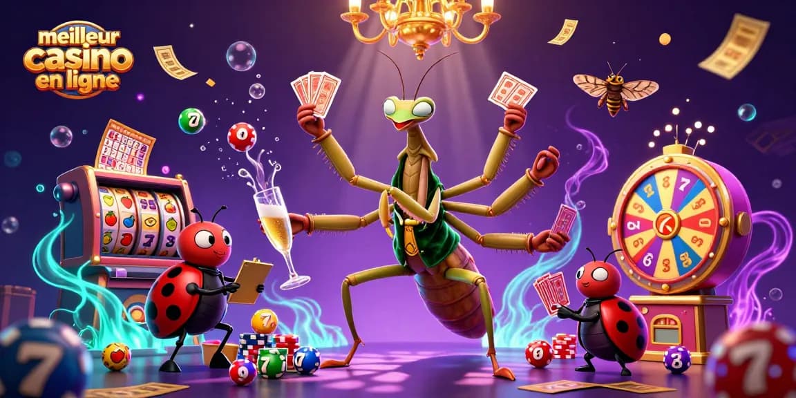 Illustration dynamique d'un meilleur casino en ligne avec un mante religieuse et un croupier performant.